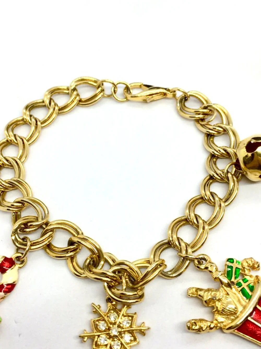 VINTAGE CHRISTMAS BRACELET Gold Tone Enamel Santa Candy Cane Bell Charms 90s